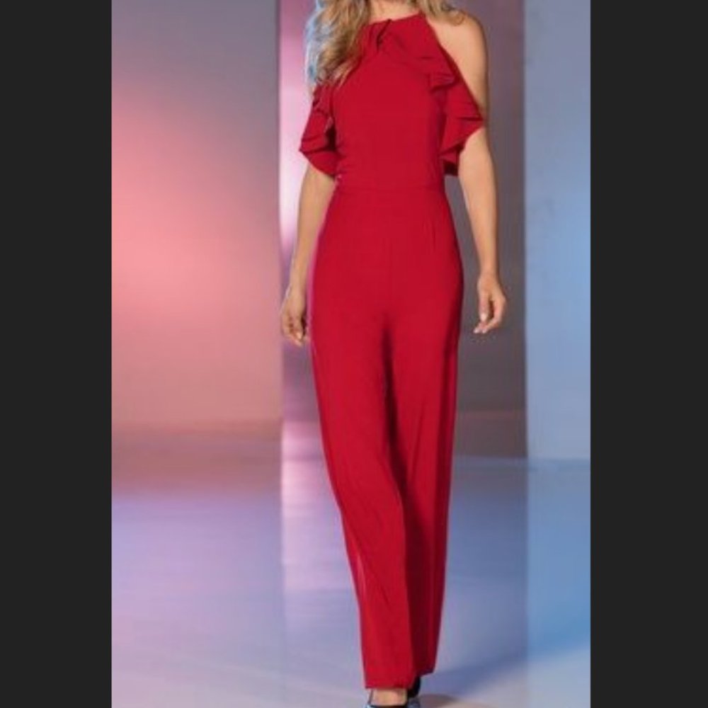 Boston Proper Red Ruffle Top Halter Jumpsuit NEW
